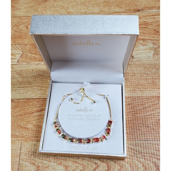 ISABELLA M. Boston .925 SS Gold Tone & CZ Woman’s Adjustable Slide Bracelet NIB - Picture 1 of 5